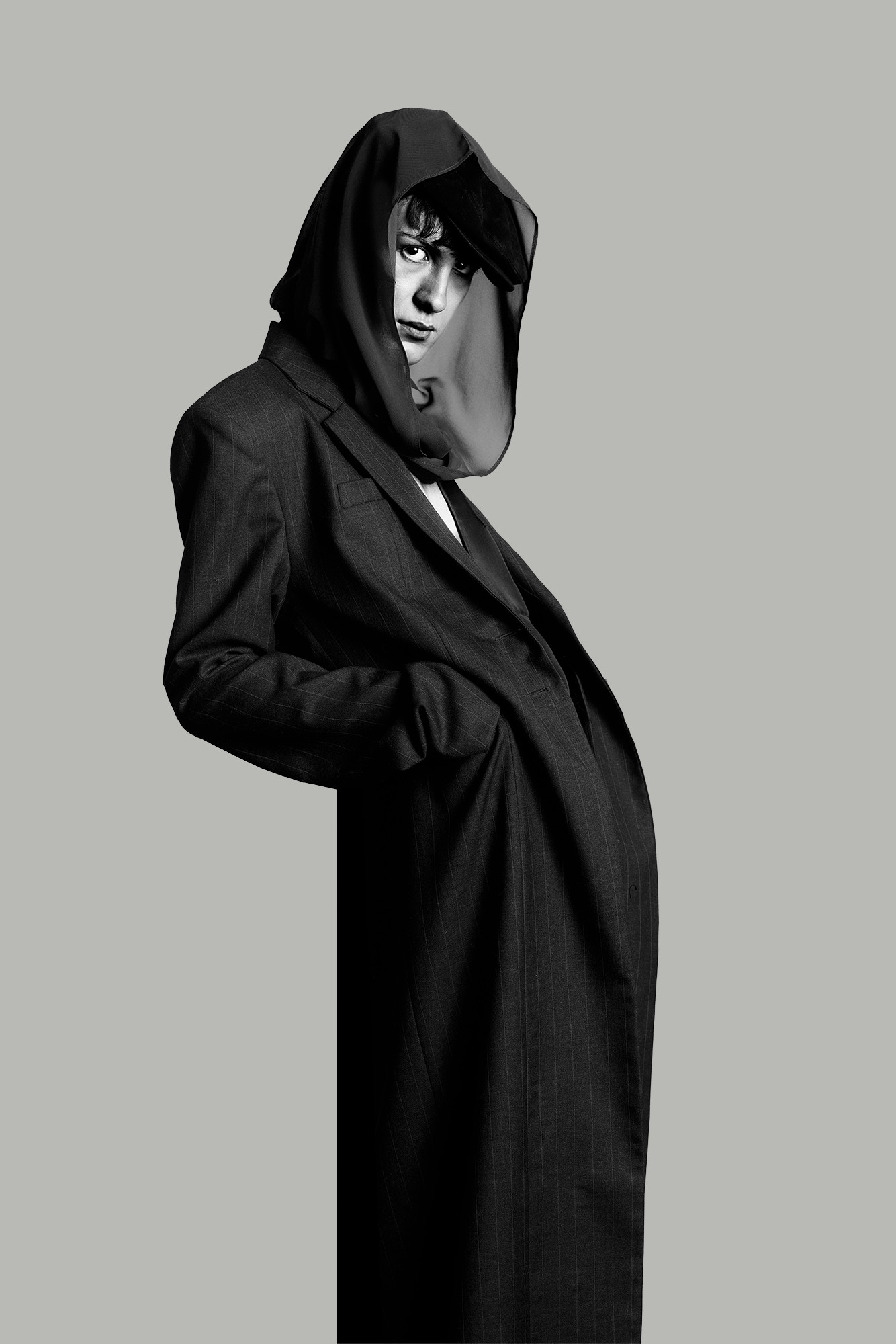 Hooded tailored fashion portrait by FX Pelissier