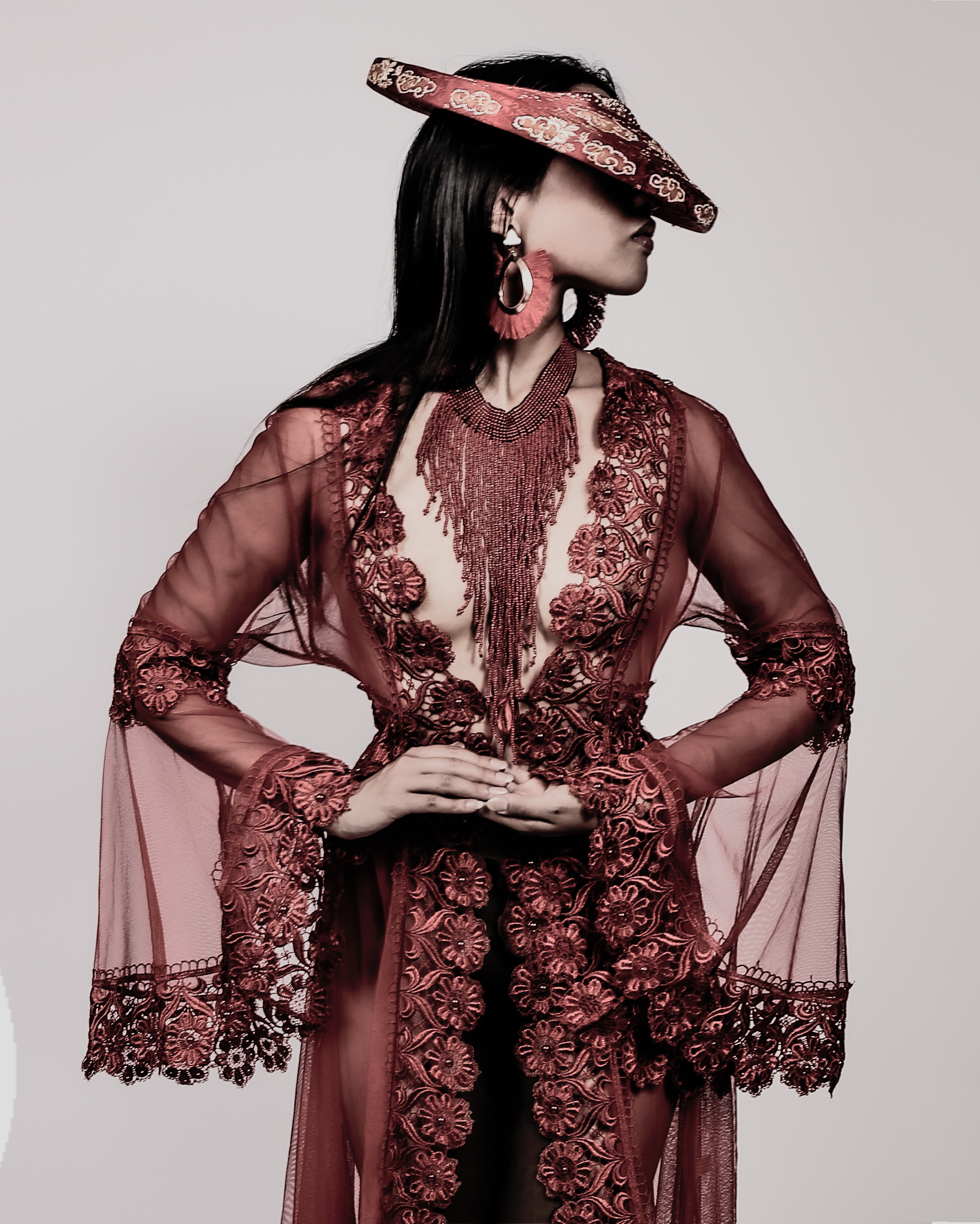 Burgundy lace and accessories fashion portrait